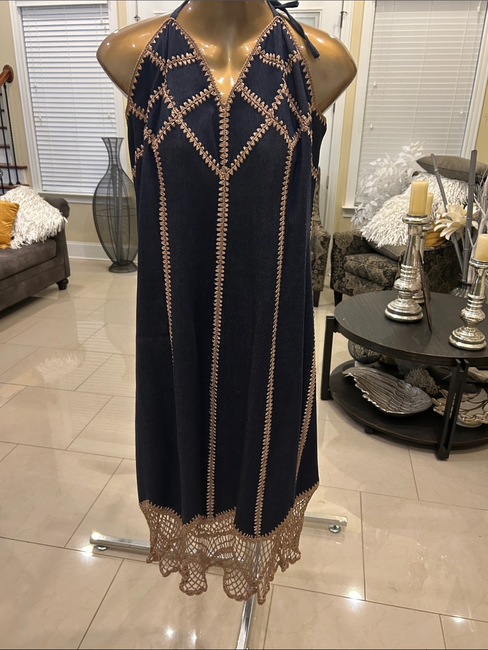 Ashley Stewart Navy Halter Midi Dress with Tan Crochet Trim